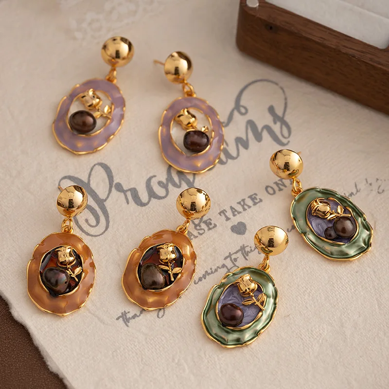 Light luxury medieval vintage natural freshwater pearl earrings for women