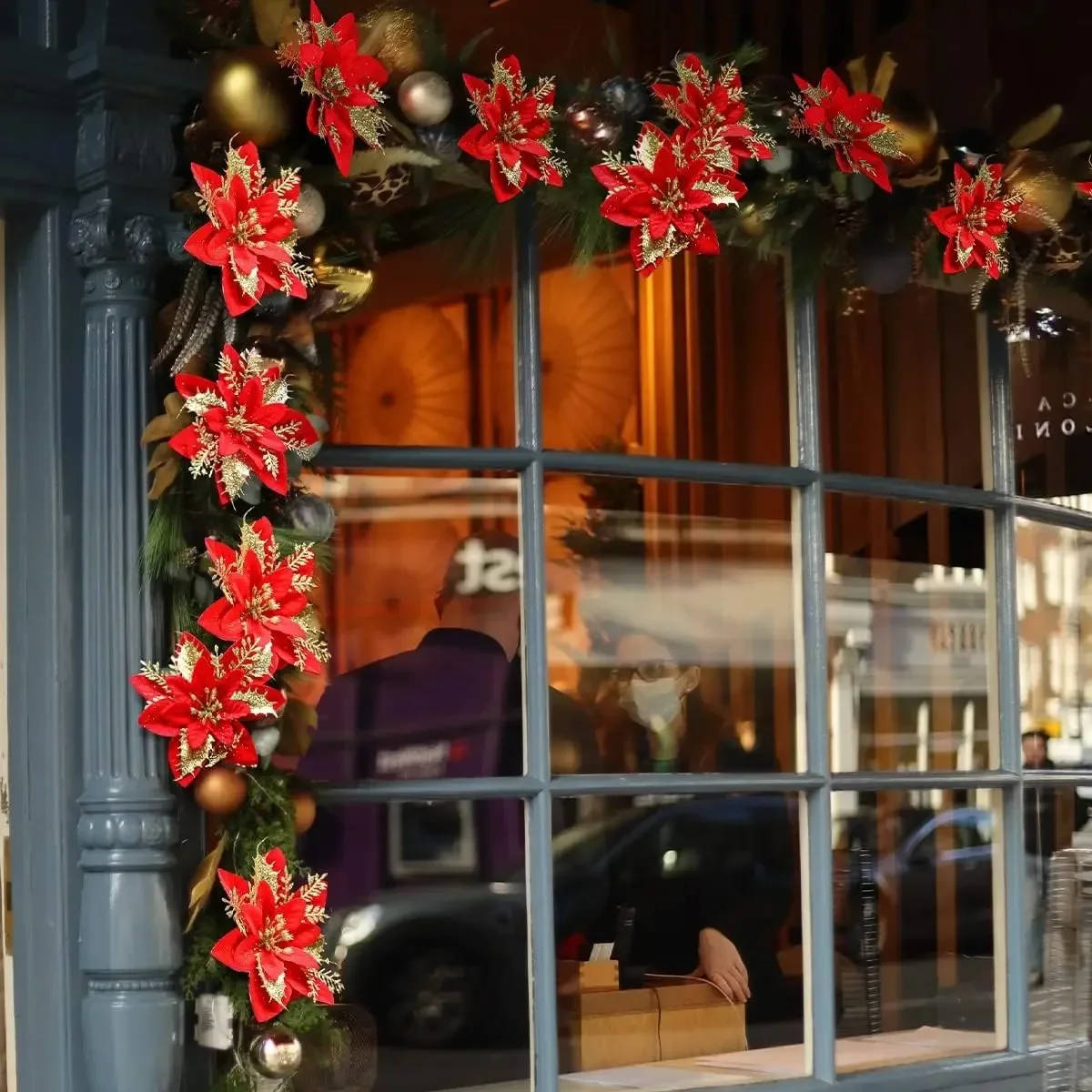 Christmas Decorations 10/1pcs 15cm Glitter Christmas Flowers Artificial Poinsettia Flower Head Xmas Tree Ornament
