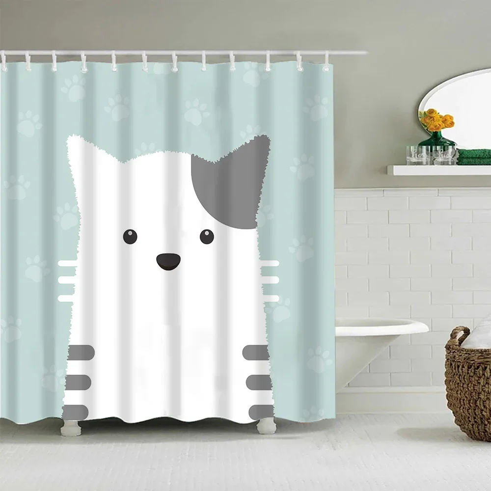 Cartoon süße Kätzchen Duschvorhänge waschbar Stoff Polyester für Badewanne Kunst Badezimmer Dekor Trennwand mit Haken wasserdicht – Detail 18