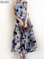2024 ZANZEA Bohemian Sleeveless Summer Dresses Women Floral Printed Sundress Fashion Casual Ruffles Hem Long Vestido Robe Femme