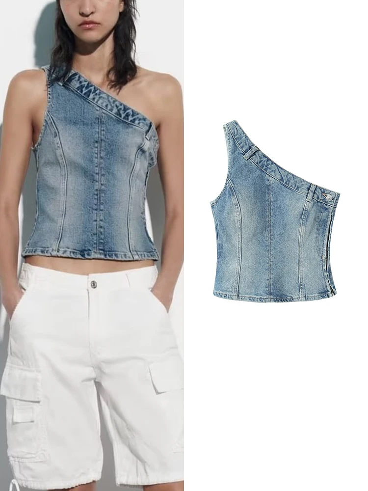 Traf Summer Women Asymmetric Top 2023 New Causal Sleeveless Diagonal