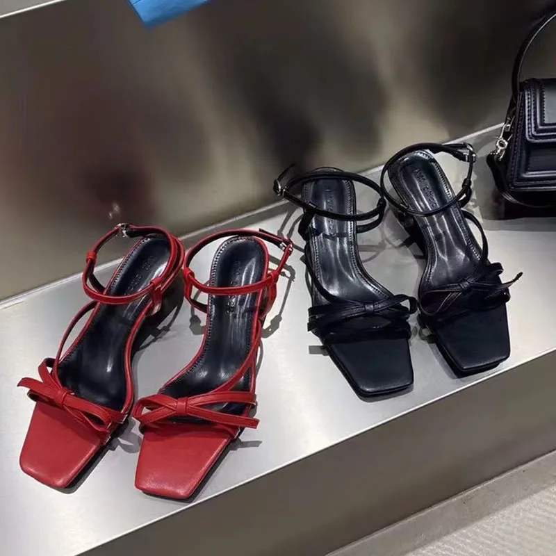 

Fashion Peep Toe Sandals Women Med Heels Ladies Shoes Narrow Band Gladiator Sandals Party Dress Ankle Strap Bow Knot Shoes Mujer