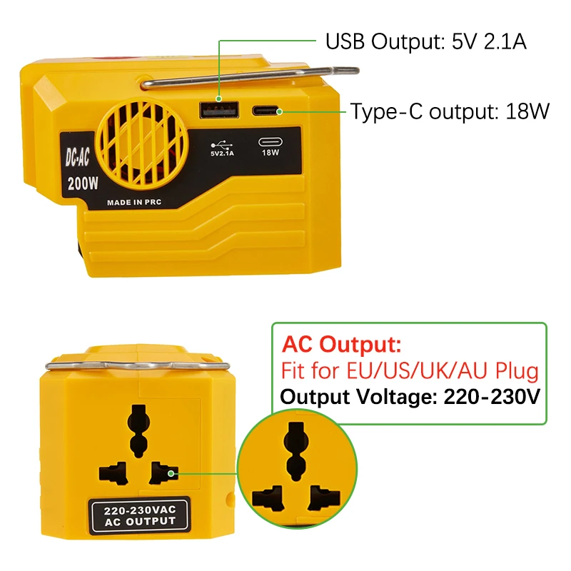 마키타, 디월트, 밀워키, 보쉬 배터리용 전력 인버터 컨버터, 200W, AC 220V, 야외 수정 사인파, 18V-20V