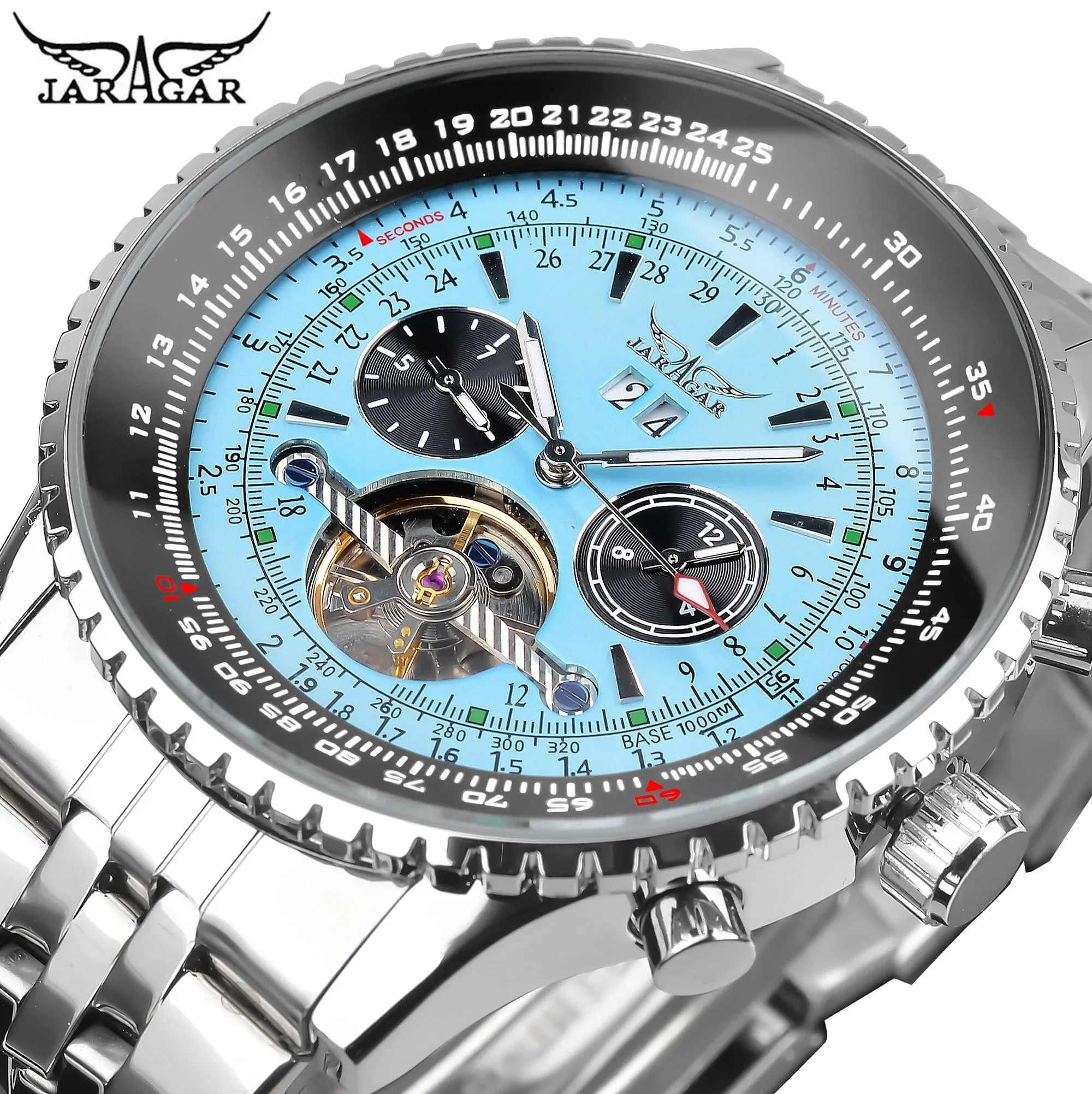 JARAGAR JAR034 Men Automatic Mechanical Watch Fashion Tourbillon TFN Blue Dial Date Display Stainless Steel Military Sport Clock
