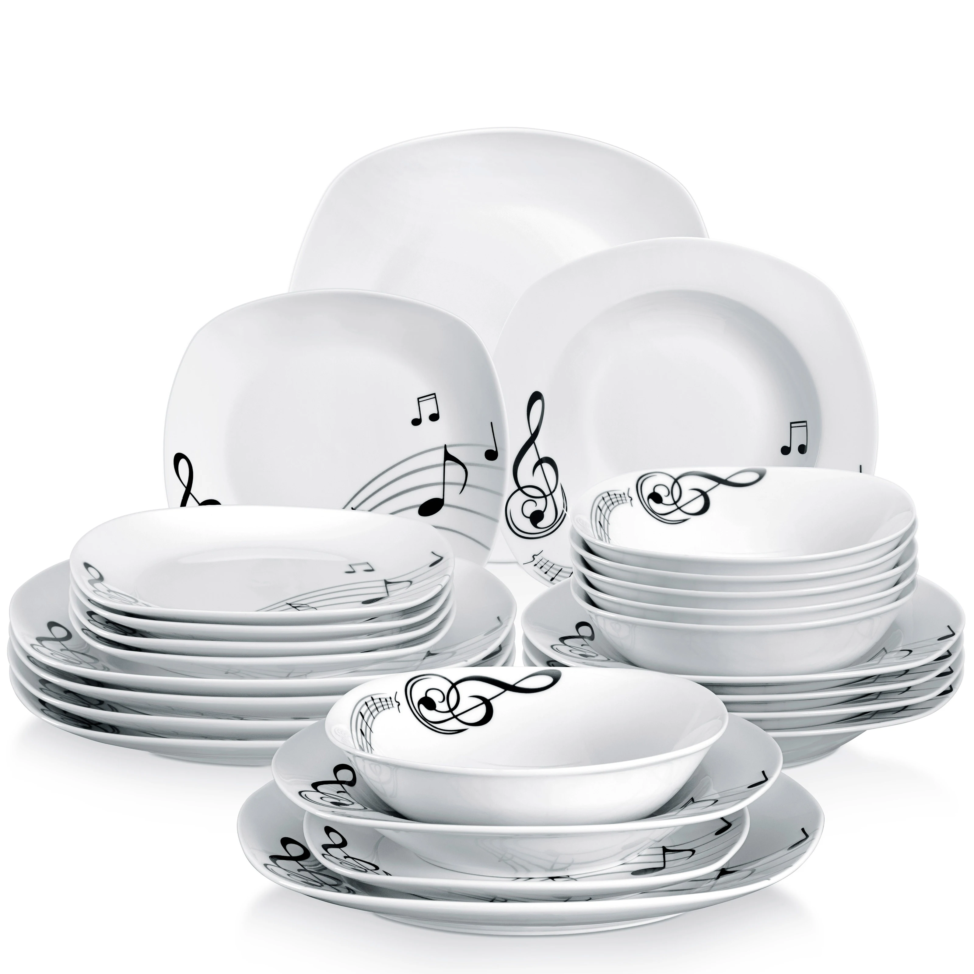 

VEWEET MELODY 24-Piece Porcelain Ceramic Musical Note Dinner Plate Tableware Set of 6*Bowl,Dessert Plate,Soup Plate,Dinner Plate