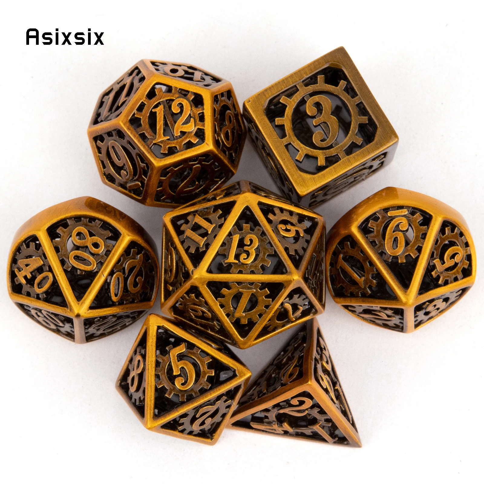 

7 Pcs Copper Gear Wheel Metal Dice Hollow Metal Polyhedral Dice Set Suitable for Role-Playing RPG Board Game Card Game