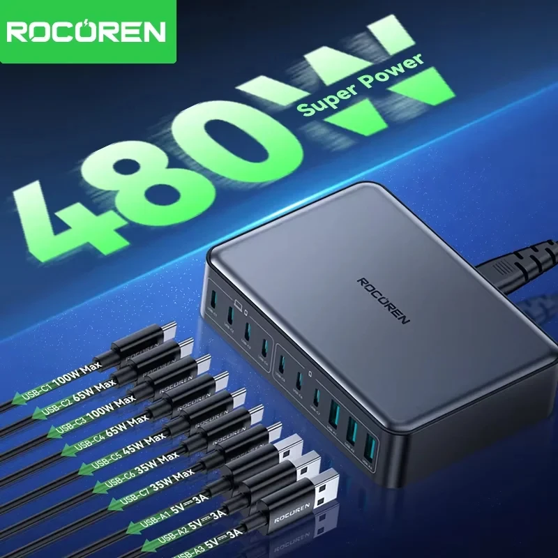 شاحن Rocoren USB C بقوة 480 واط، محطة شحن متعددة ا...
