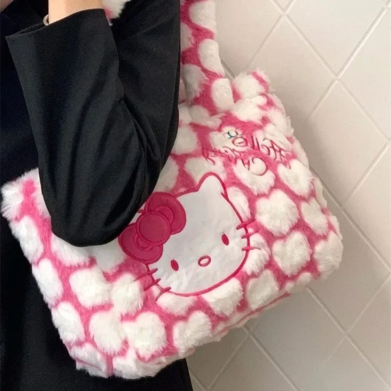 

Sanrio Hello Kitty Plush Handbag Female Kawaii Lolita Cute Cartoon Anime Print Concave Modelling Girls Students Pink Tote Bag