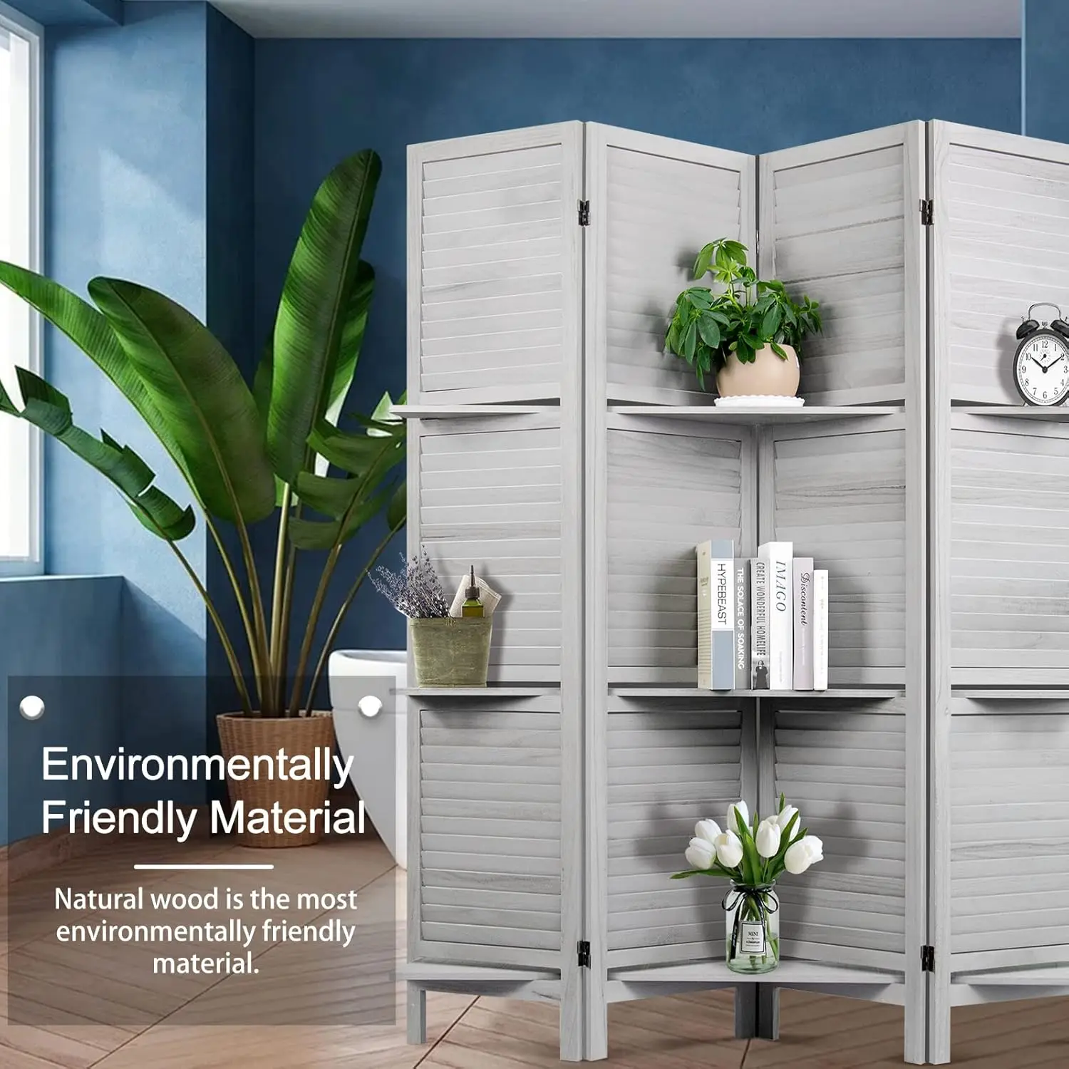 4 Panel 5.6 Ft Tall Room Divider, Wood Room Dividers And Folding Privacy Screens, Panel Divider&Room Dividers, Grey Room 2