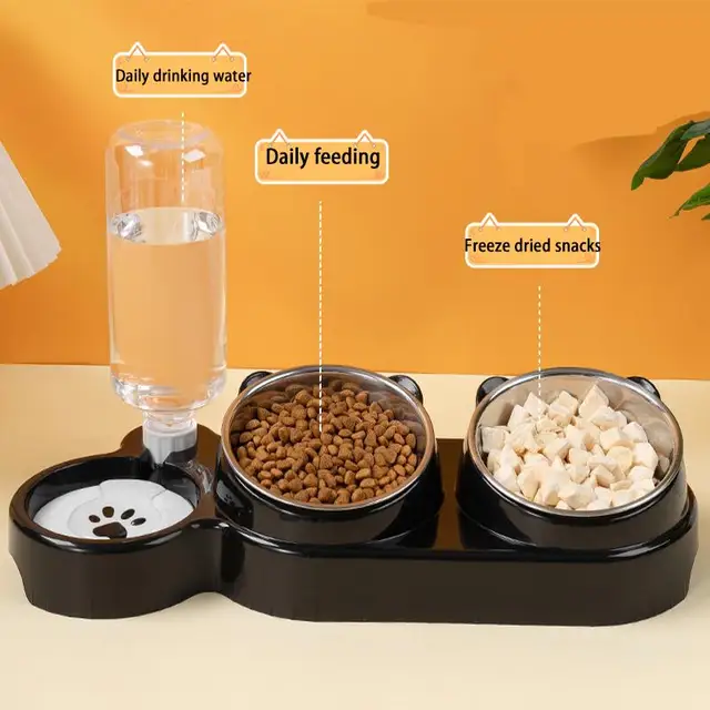 Cat Bowl Slanted Mouth Dog Bowl Cat Rice Bowl Double Bowl Stainless Steel Automatic Refilling Pet Bowl Three In One Drinking Fee