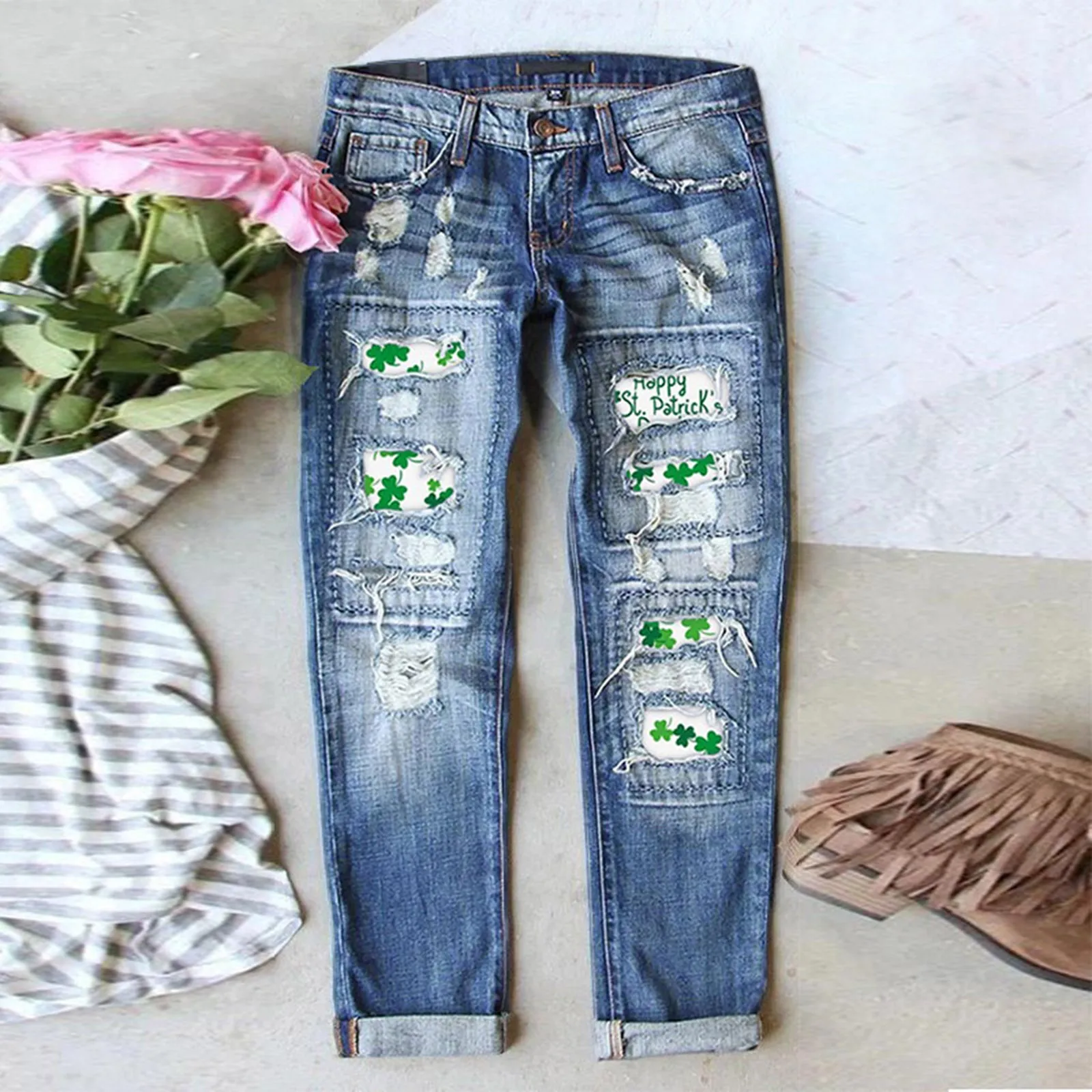 

Women'S St Patrick'S Day Jeans 90s Vintage Clover Print Ripped Patchwork Denim Joggers Double Pocket Straight Pants Casual Wear