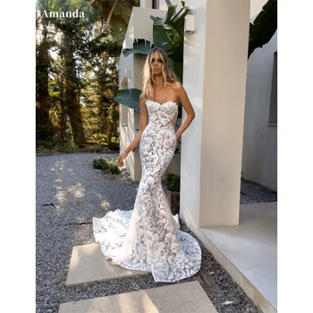 Amanda Customized White Mermaid Lace Embroidery Prom Dresses Strapless Sleeveless vestidos de noche Court Train Wedding Party 1