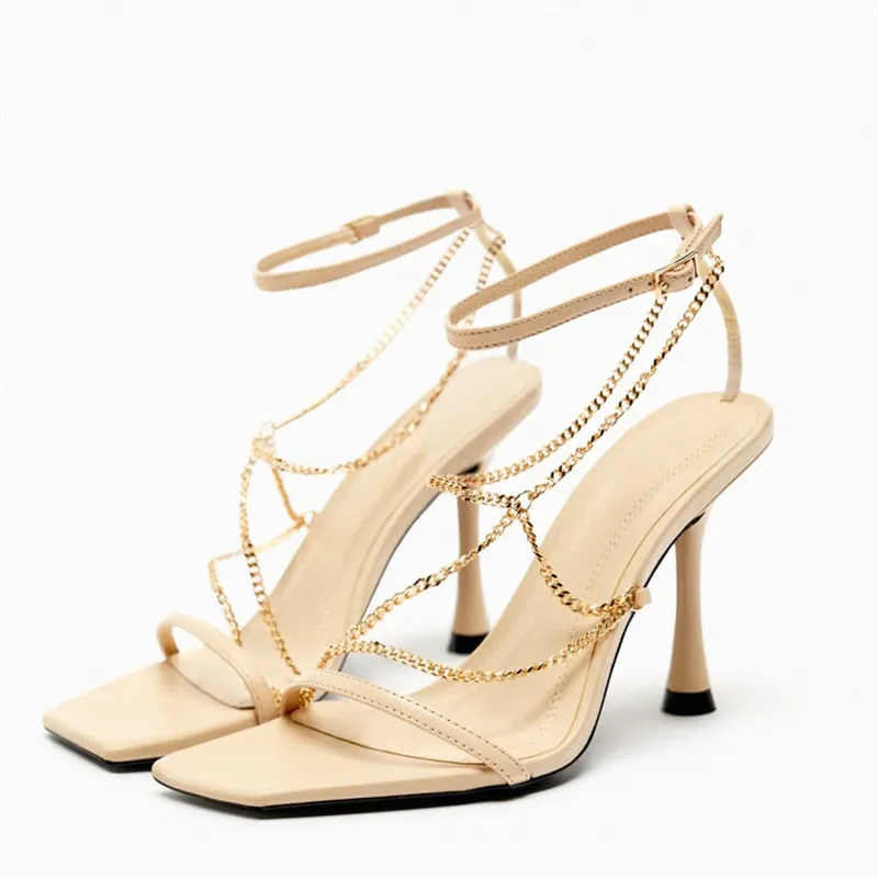 Summer High Heel Leather Sandals For Women Sexy Chain Trim Heeled
