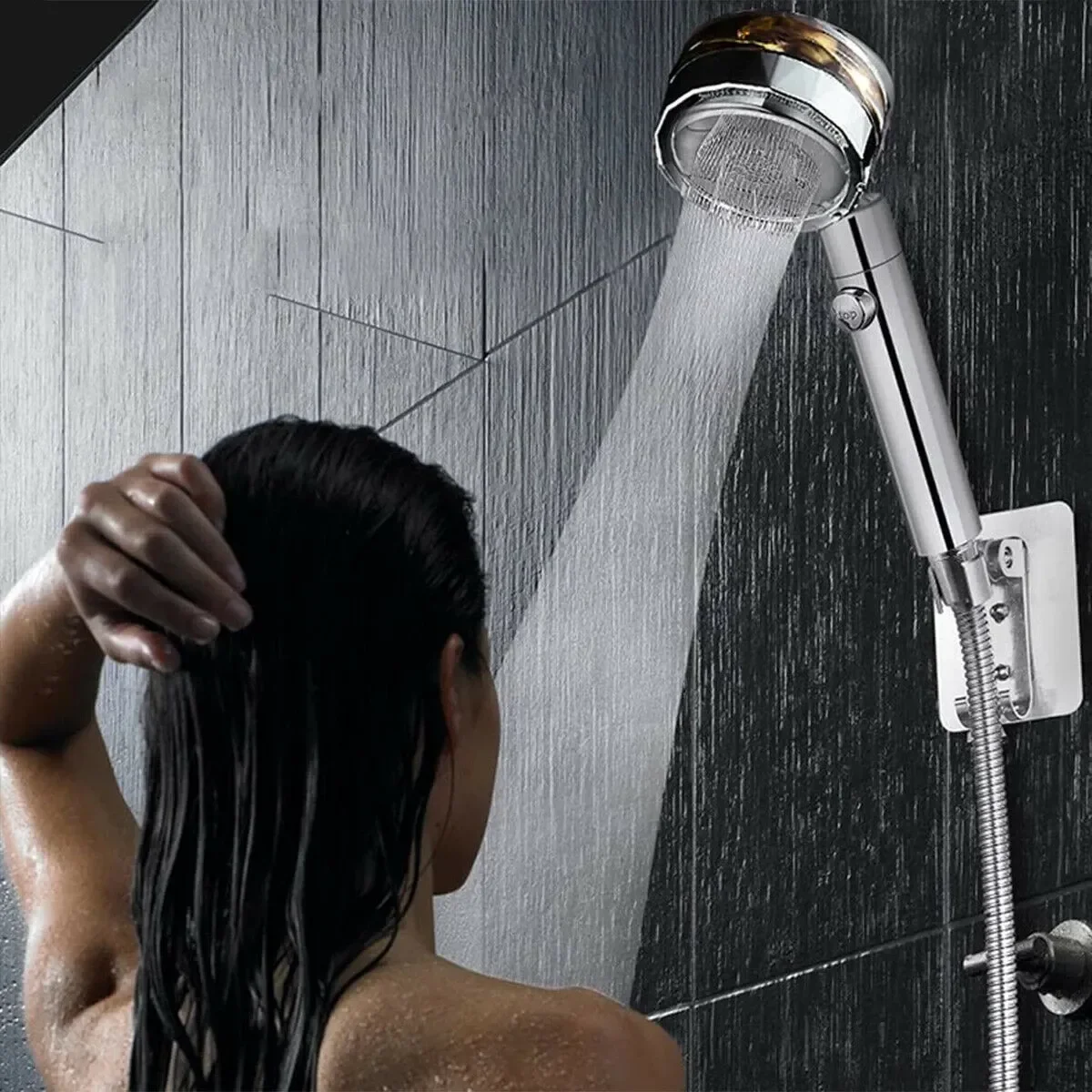 

High Pressure Shower Head 5 Modes Adjustable Showerheads with Hose Water Saving One-Key Stop Spray Nozzle Bathroom Accessories