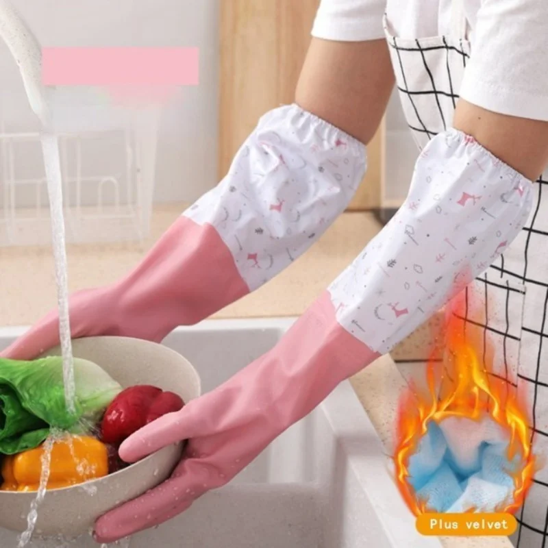 Waterproof Dishwashing Gloves Tightening Mouth Warm Plush Rubber Waterproof Kitchen Dishwashing