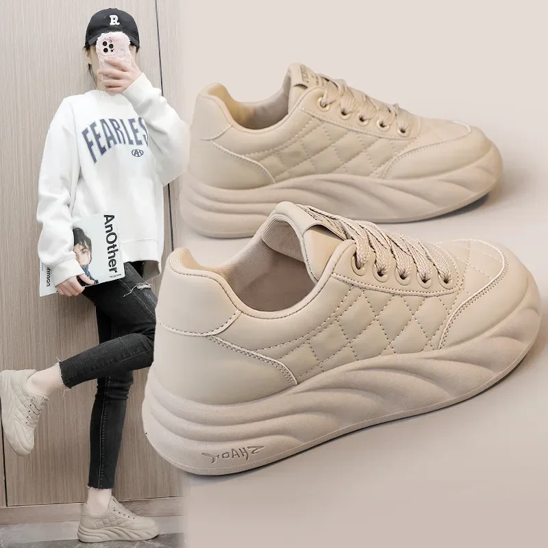 

New 2024 Spring and Autumn Leather, Round Toe, Tie-up Women's Shoes, Thick-sole, Heightened, Casual Students, Wear-Resistant