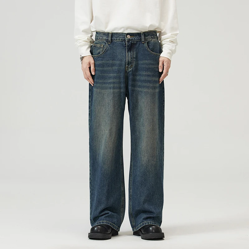2024Spring and Summer Half Elastic Waist of Trousers Fashion American Retro Jeans Men's Loose Straightclean fitWide-leg pants
