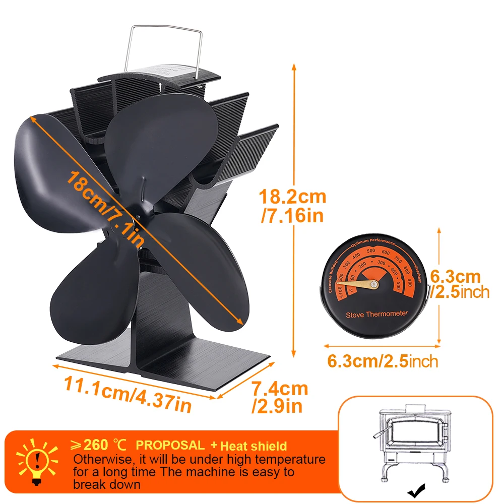 4 Blade Heat Powered Stove Fan Black Fireplace Fan komin Log Wood Burner Eco Friendly Quiet Home Efficient Heat Distribution