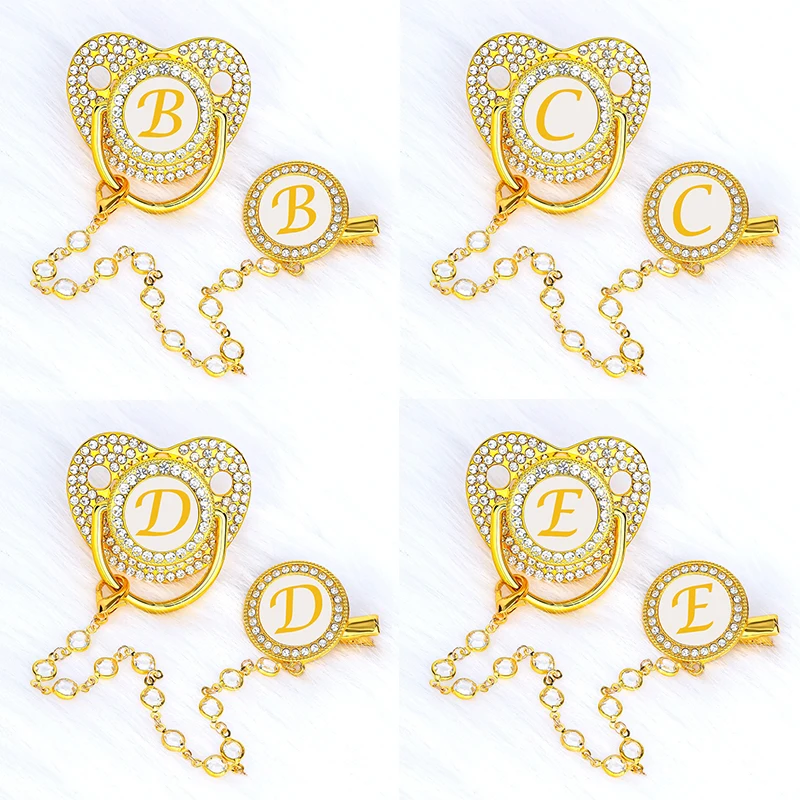 Luxury Zircon Baby Pacifier Clip 26 Letters Gold Newborn Personalized Pacifiers Holder Silicone Infant Teether Nipple Bpa Free 2