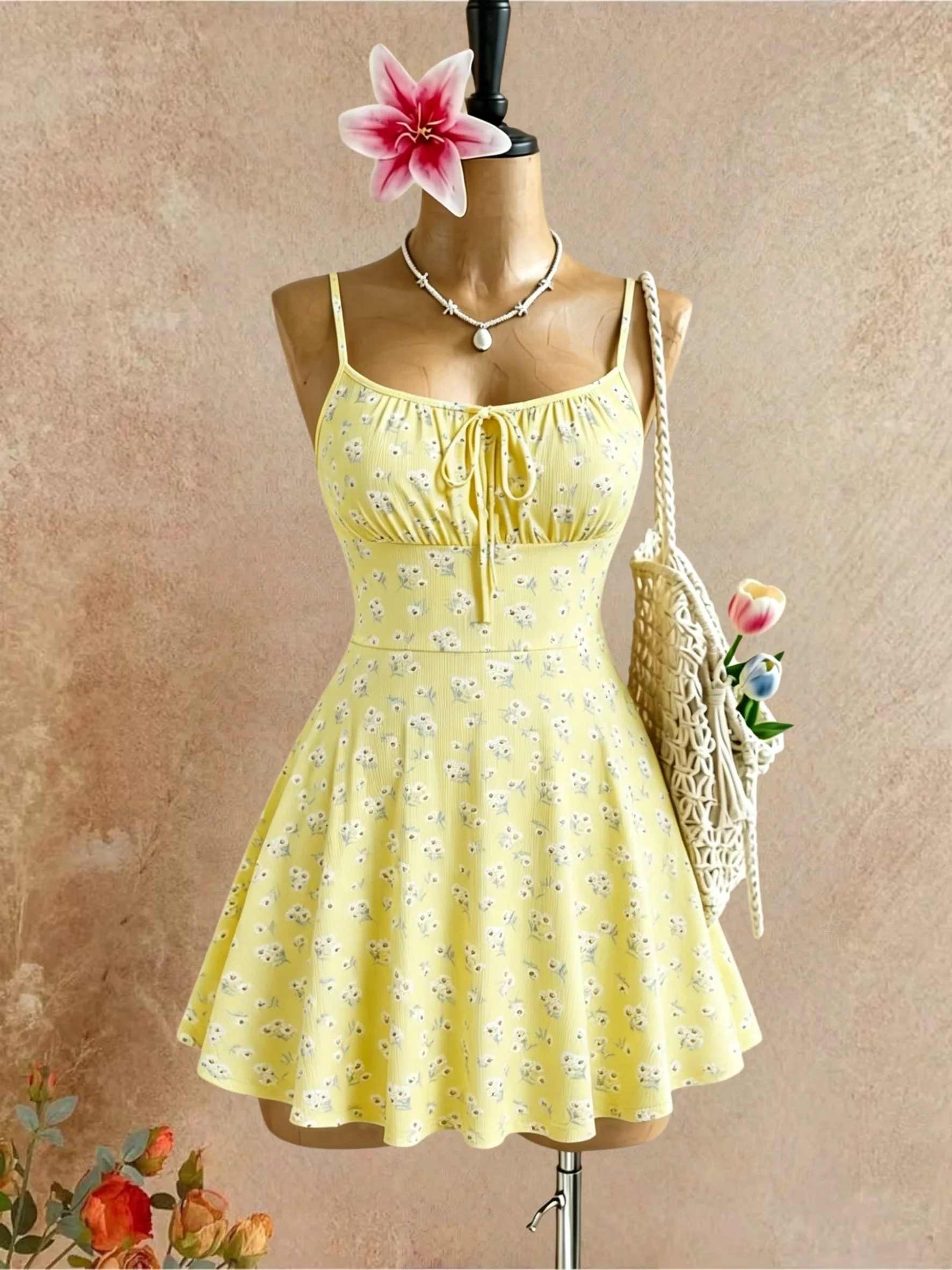 Damen Sommer Y2K Gelbes Niedliches Strand-Urlaubskleid mit dünnen Spaghettiträgern, geblümtem Muster, vorne gebunden, gerippt, Mini-Skater-Stil, kurzes Swing-Kleid 2026