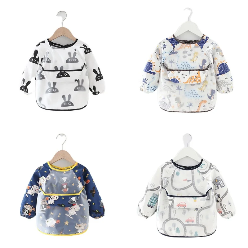 Cute Cartoon Baby Bibs Waterproof Colorful Infant Bib Full Sleeve Gown Children Long Sleeve Apron Coverall Feeding Drawing Bibs baby accessories box