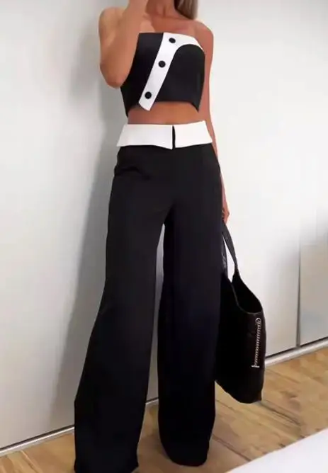 

Solid Color Single Row Buckle Summer Sleeveless Tank Top Loose Pants Two Piece Set