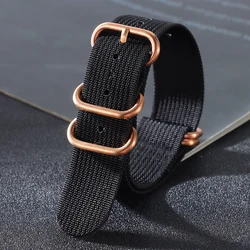 Elegant Rose Gold Buckle Fabric Watchband - Woven Nylon Strap - 22mm (Black - RoseGold)