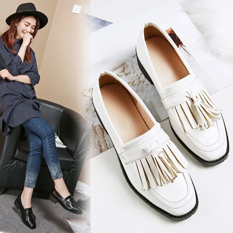 

Туфли женские с бахромой и квадратным носком, повседневная элегантная обувь без застежек, на каблуке, с бахромой, без застежки, однотонные, на среднем каблуке, S