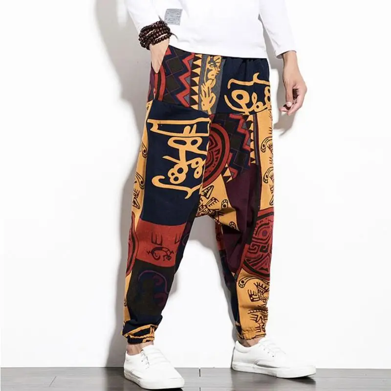 

Baggy Cotton Linen Harem Pants Men Vintage Printing Loose With Pocket Hip-hop Wide Leg Trousers Harajuku Casual Men Aladdin Pant