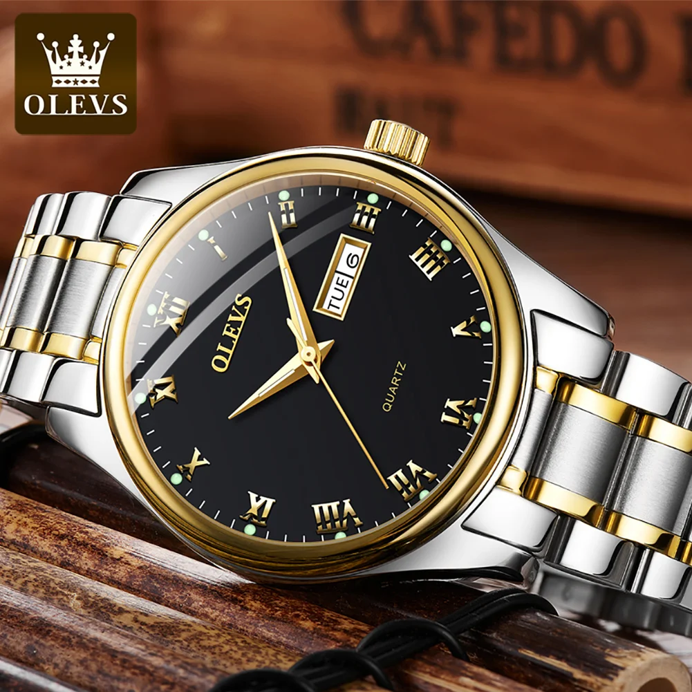 OLEVS Original Quartz Watch for Men Luxury Stainless Steel Men's Watches Waterproof Luminous Leather Strap Date Week Wristwatch