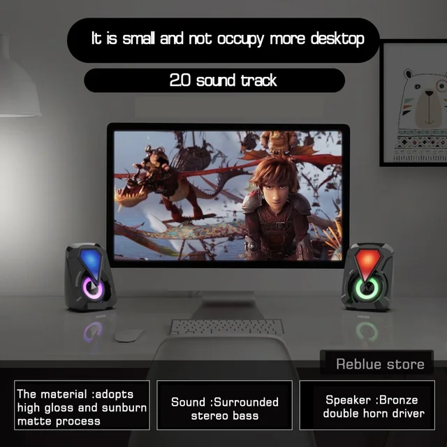 Pembesar Suara Komputer Untuk Desktop PC dan Komputer Riba Kotak Bunyi LED RGB Mini Dengan Subwufer Untuk Teater Rumah Permainan Berwayar USB Berwarna-warni Speake 4