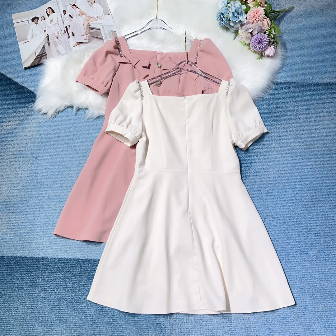 

New women's clothing for spring and summer 2023 Square Collar Puff Sleeve Three-Dimensional Decoration Short Dress 0430