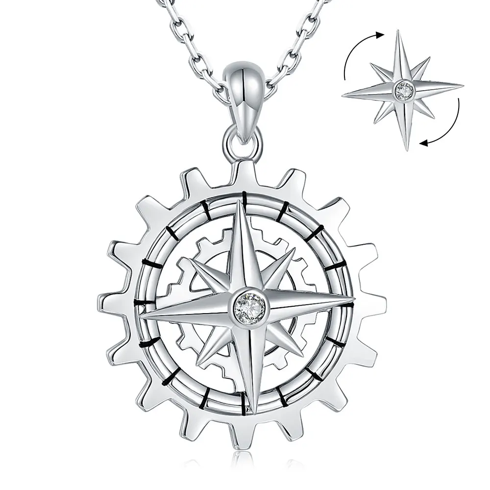 

925 Sterling Silver Gear Nautical Dream Working Necklace Spinner Compass Inspirational Pendant Graduation Gifts For Girls Women
