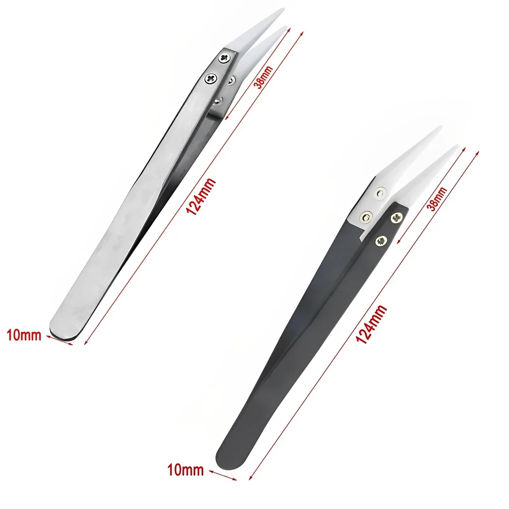 Ceramic Tip Tweezers 1/2pcs Stainless Steel Antimagnetic High Temperature Resistant Non-Conductive Tip