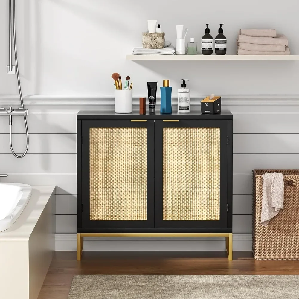 Rattan Sideboard Buffet Kitchen Storage Cabinet 2 Doors, Modern Black Accent Cabinet Kitchen Buffet Storage