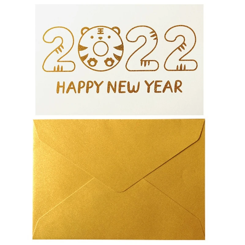 

10pcs 2022 Year of the Greeting Cards with Envelopes Bronzing Pearl Paper Postcard Happy New Year Card