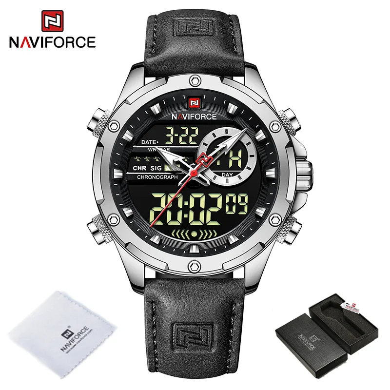 Luxury Brand NAVIFORCE Men's Military Watch Waterproof Digital Display Clock Quartz Sport Male Wrist Watch Genuine Leather Strap 