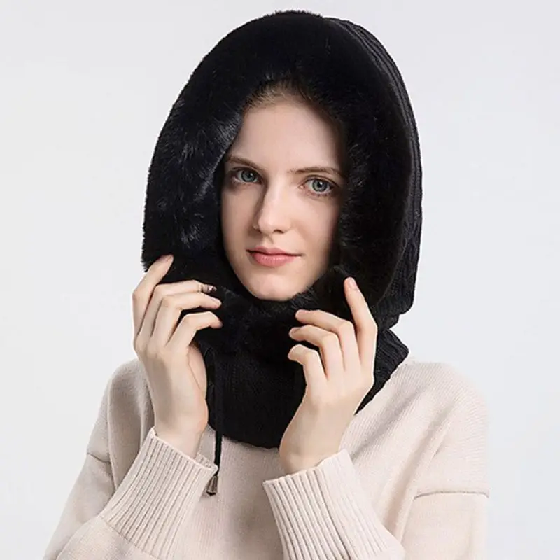 

Outdoor Winter Women Balaclava Hood Face Mask Fleece Lined Faux Fur Scarf Neck Warmer Knitted Hood Ski Mask