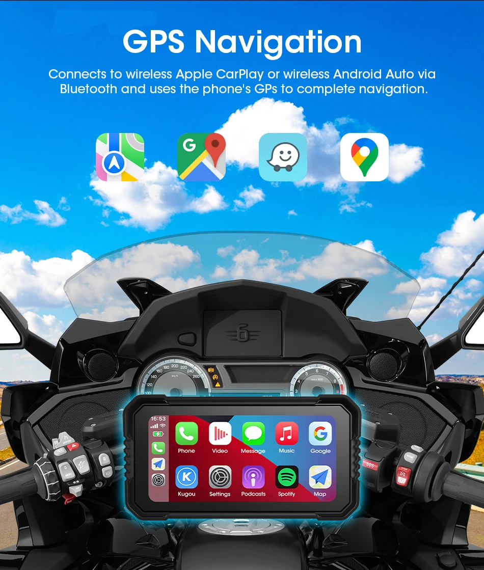 5"/6.25" IPX7 Waterproof GPS Navigation Screen – Dual Camera DVR & CarPlay Monitor 5