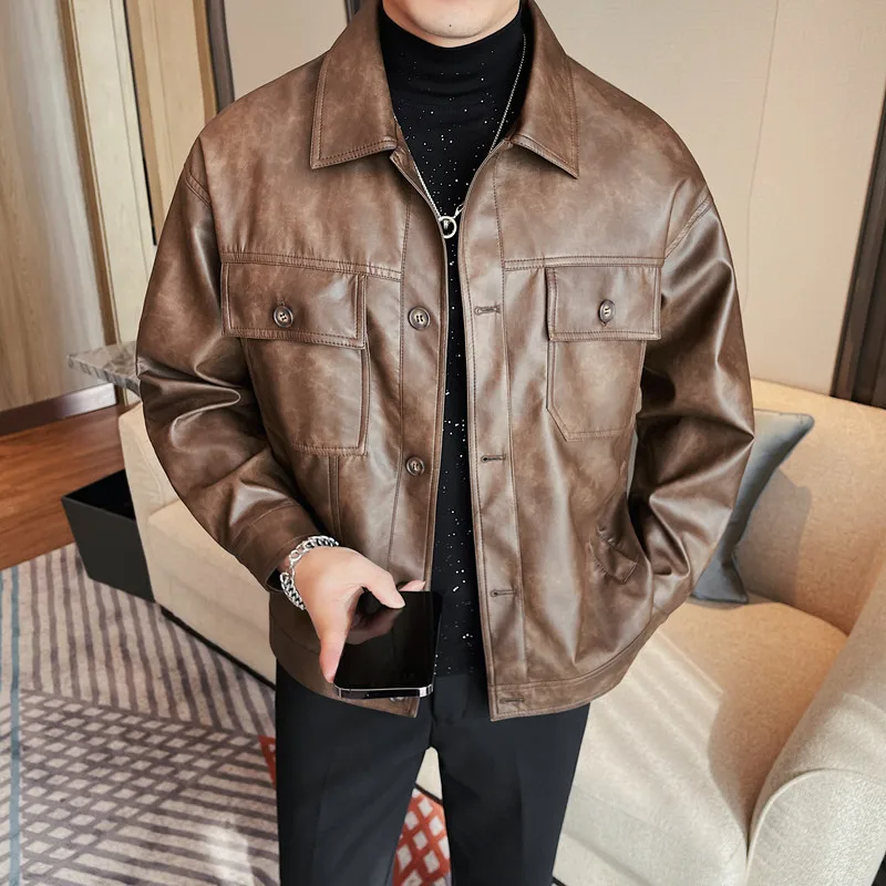 Multiple Pockets Faux Leather Jackets Mens All-match Single-breasted Solid Coat Mens Business High Quality PU Leather Jacket 4XL