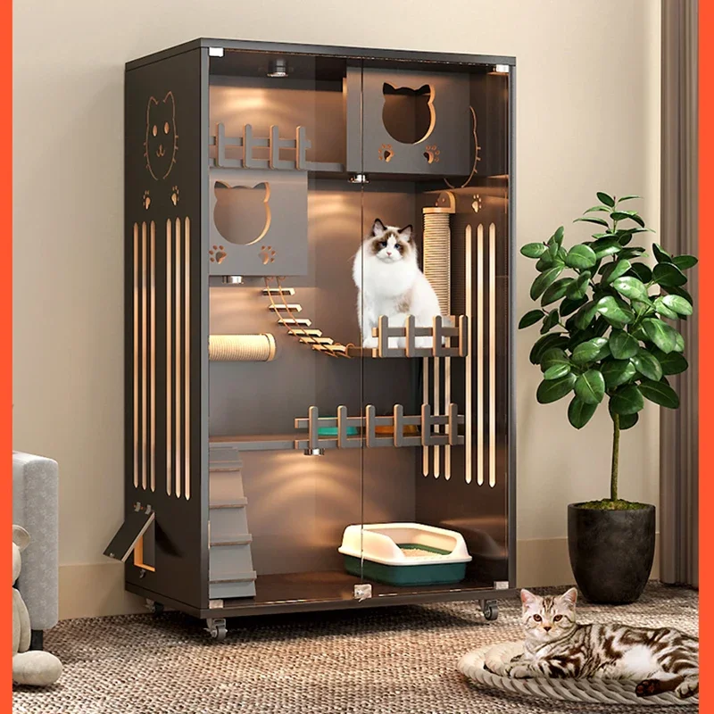 Retro Solid Wood Cat Cage for Living Room Cat House Two-layer One-piece Movable Light Luxury Creative Household Cage for Cats