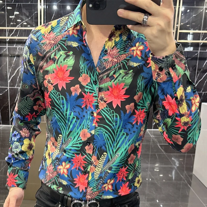 

Fall Vintage Flower Shirts For Men Streetwear Casual Business Dress Shirt Social Party Tuxedo 2023 Men Clothing Camisa Hombre