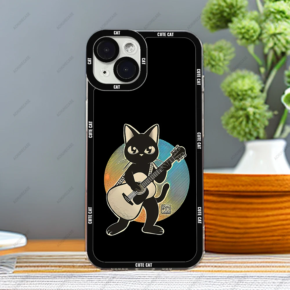 thumbnail image 1 of Guitar Cat Phone Case For iPhone 16 Plus 15 14 13 12 Pro Max Mini 11 XS X XR Soft Silicone Cover, 1 of 5