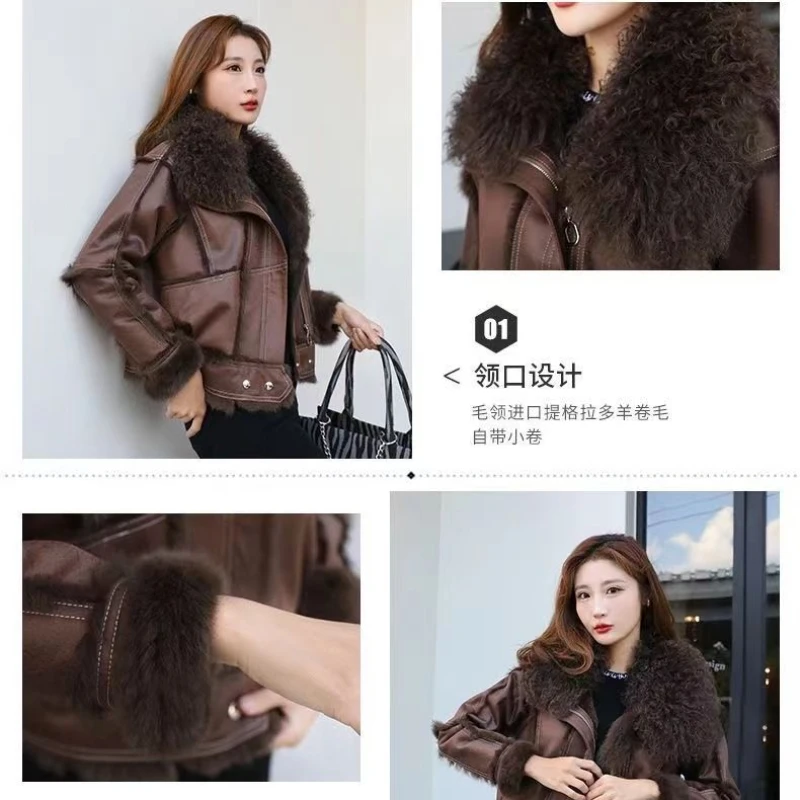 2023 New Leather Rabbit Fur One Thick Female Coat Lamb Collar Slim-fit Leather Fur Overcoat Women Outwear Women Winter Jacket