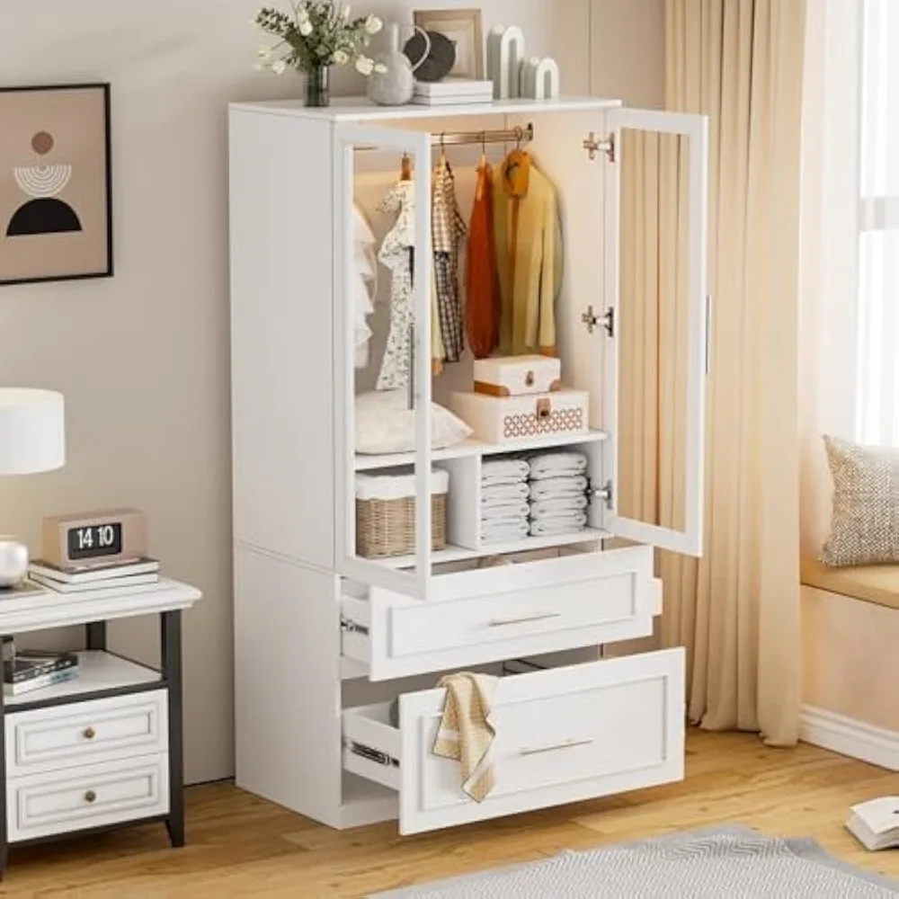 Armoire Wardrobe Closet Door and Drawers, Bedroom Closet Wardrobe Cabinet with Hanging Rod, Lighted Freestanding Armoire 6