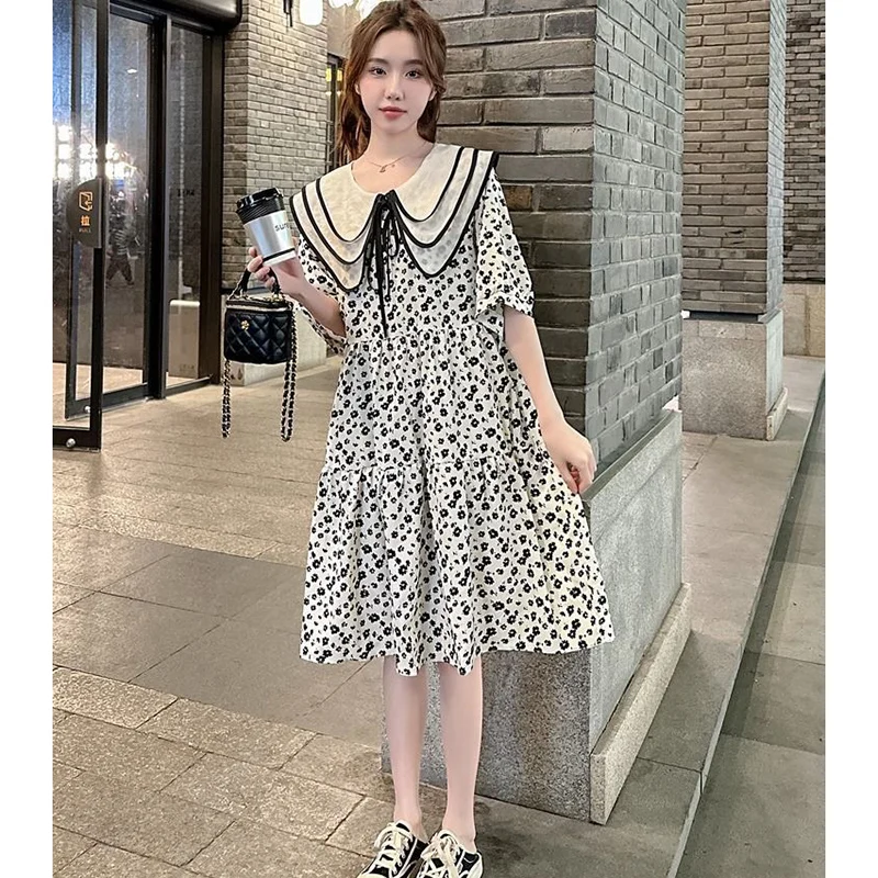 

Sweet Peter Pan Collar Lace Up Bow Printed Folds Floral Dress Female Clothing 2024 Summer New Loose Princess Dress