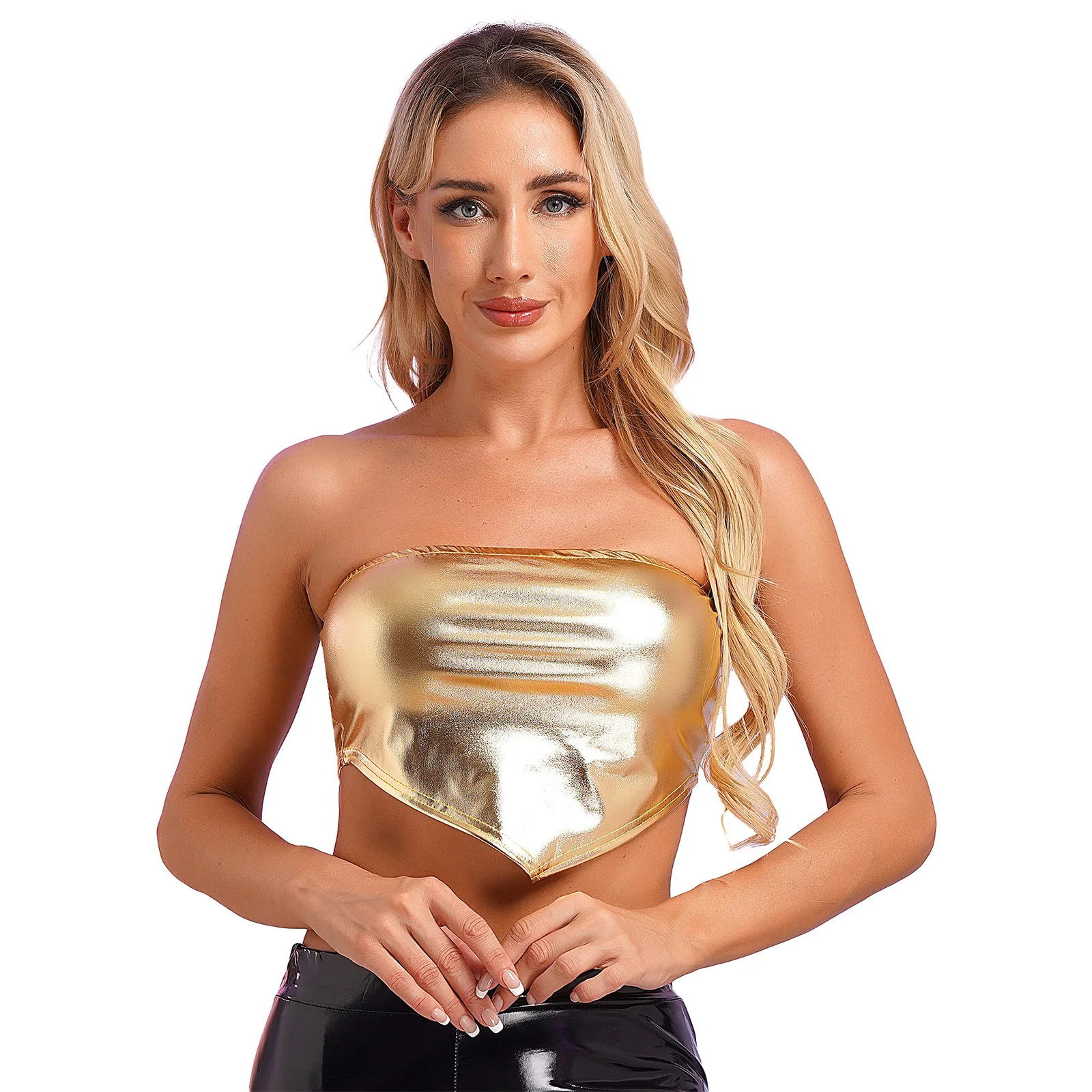 

Womens Metallic Shiny Top Hem Asymmetrical Bandeau Sleeveless Vest Jazz Dance Costumes Female Strapless Crop Tube Tops Clubwear