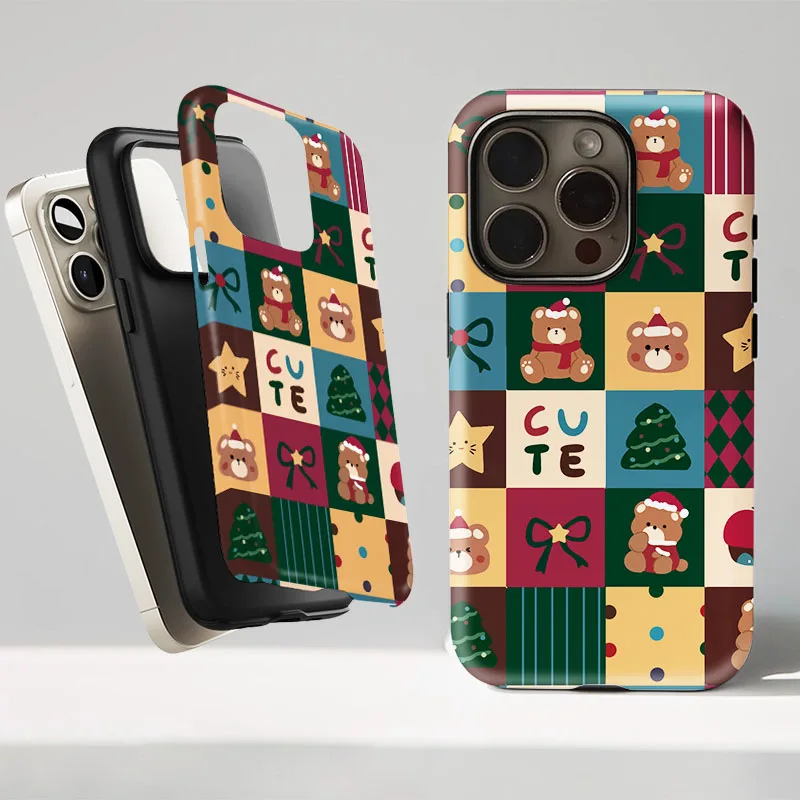 Retro Christmas Pattern Shockproof Bumper Phone Case with 2-in-1 Film Shell