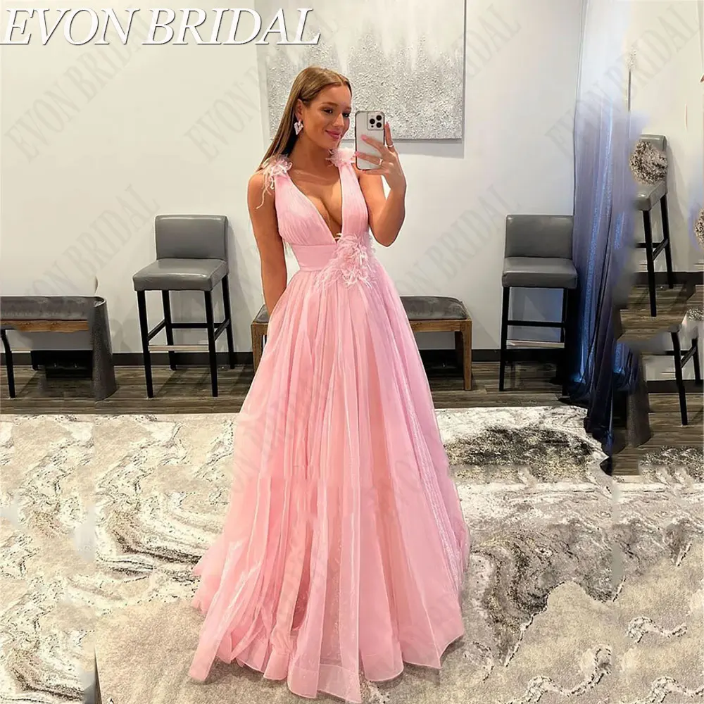 

EVON BRIDAL Sexy Pink Tulle Prom Dress Charming V Neck Sleeveless Evening Gowns Backless A-Line 2024 Robes Re Soirée Custom Made