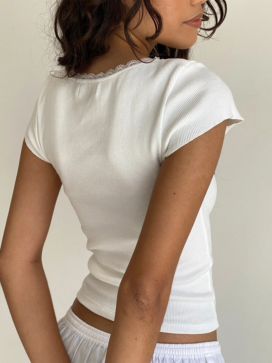 

Y2K White Crop Top Lace Trim Square Collar Vintage T Shirt Women Harajuku Chic Ribbed Basic Casual Tee Fairycore 90s Streetwear